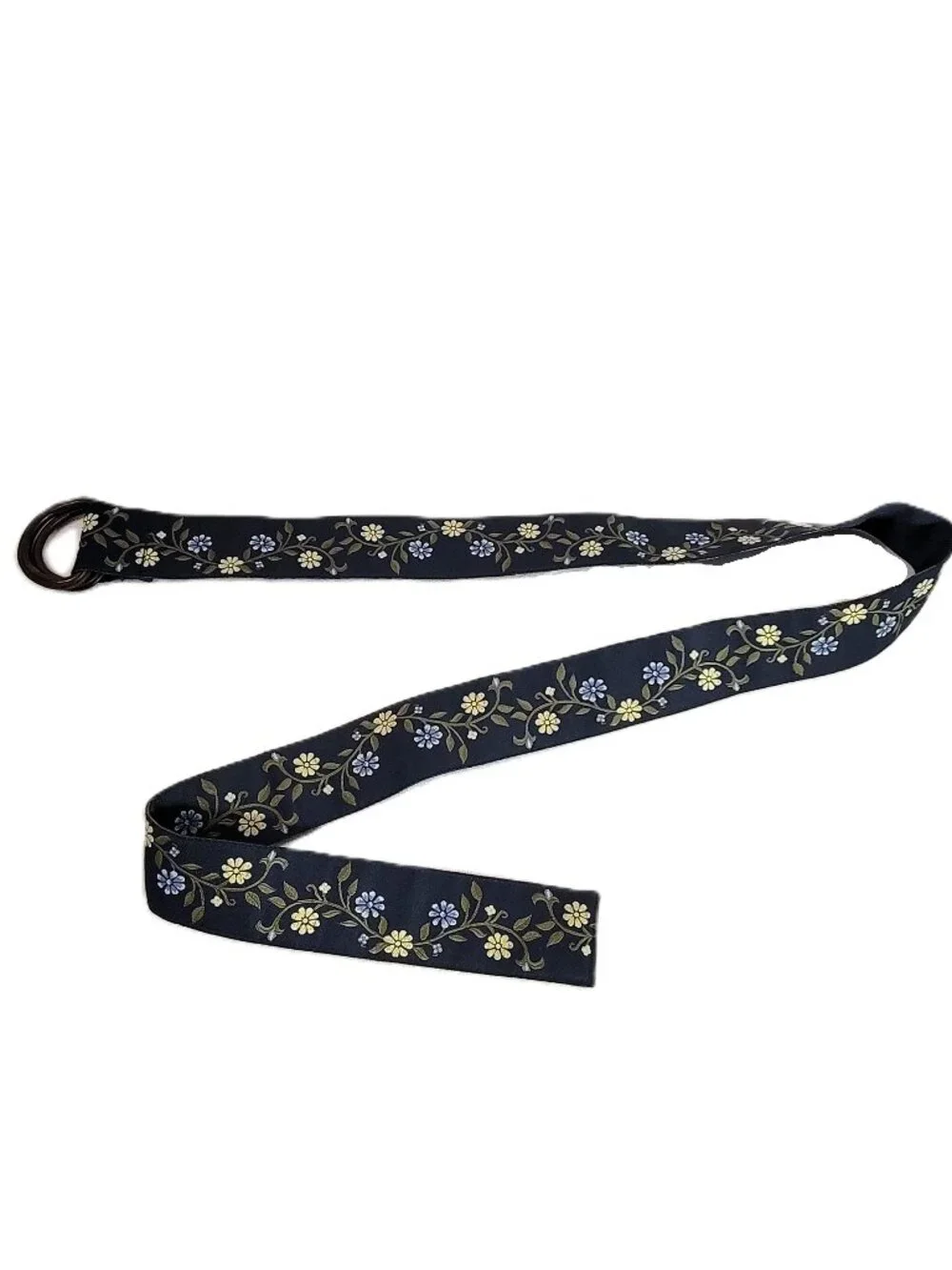 NWT Eddie Bauer Navy Blue Floral Jacquard Ribbon Leather O-Ring Belt M